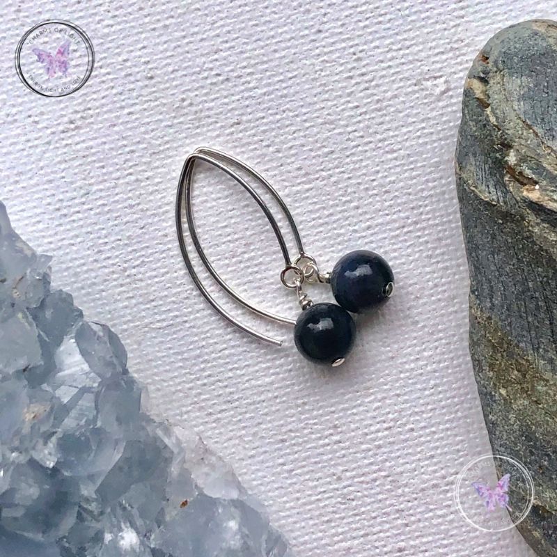 Dumortierite Angled Silver Earrings